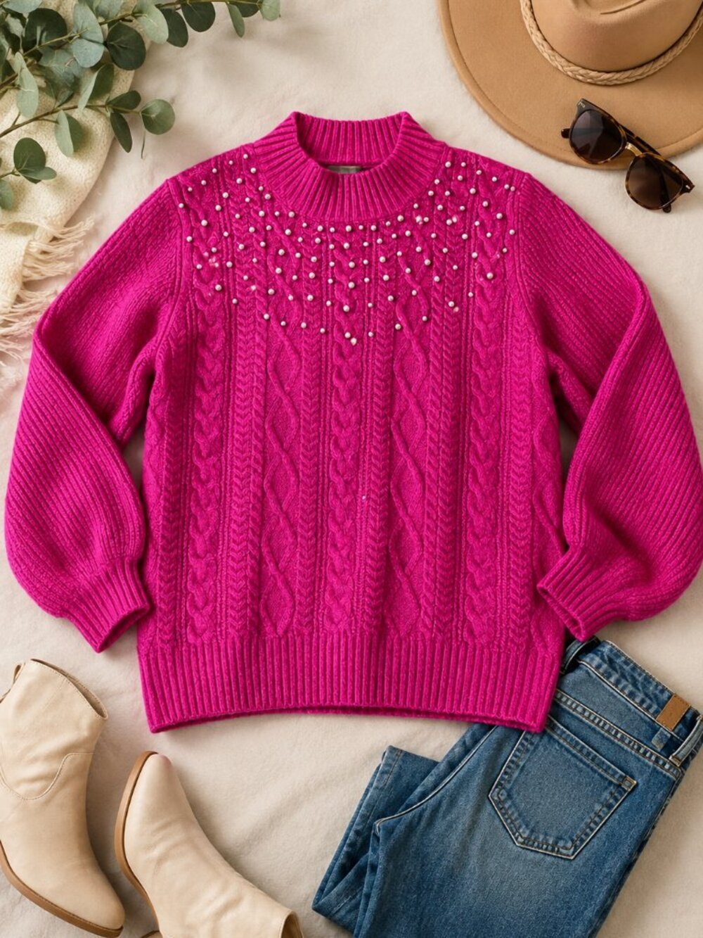 Flying Tomato Pink Pearl Embellished Cable Knit Sweater Balloon Sleeve L